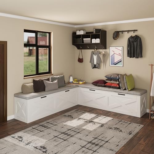 bobve l-shape storage bench with cushion, backless corner showing dimensions