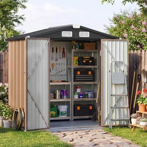 6x4ft outdoor storage shed with floor brown, side view