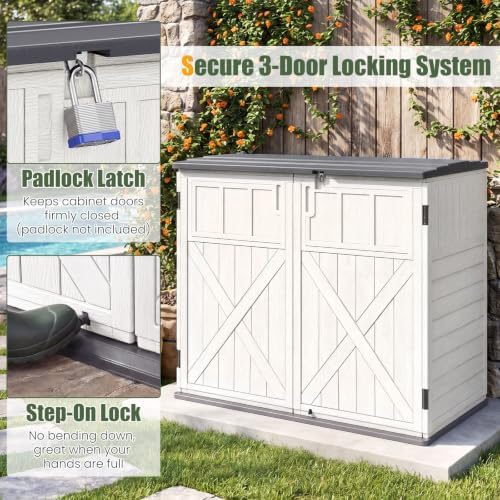 dreamade horizontal outdoor storage cabinet, 20 cu.ft resin on a desk or shelf