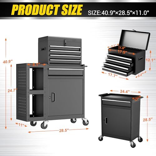 5 drawer rolling tool chest with wheels, 3-in-1 shown in use