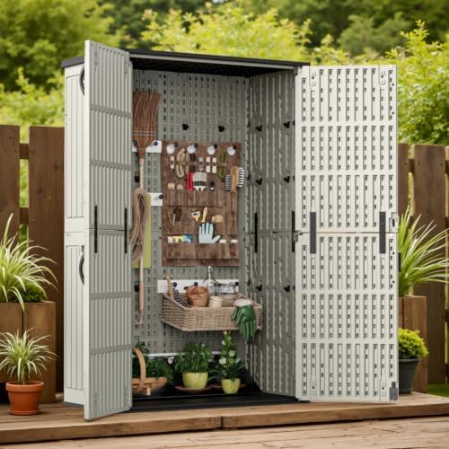 patiowell 50 cu.ft resin horizontal outdoor storage shed shown in use