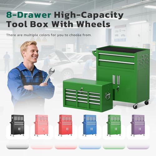 greenvelly 8-drawer tool chest with wheels, pre-assembled rolling, front angle view