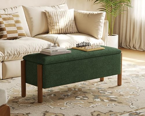 47" storage ottoman bench, boucle upholstered end of, side view
