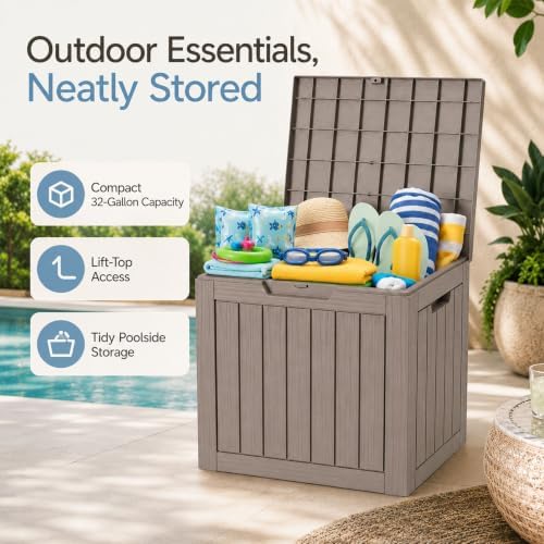 outdoor storage box resin deck box waterproof gray on a desk or shelf