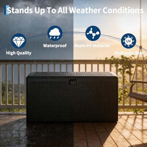 garvee 120 gallon waterproof large resin deck box showing dimensions