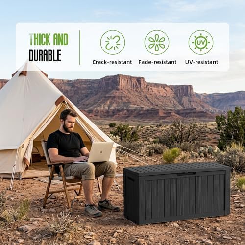 85 gallon outdoor storage deck box waterproof resin, side view