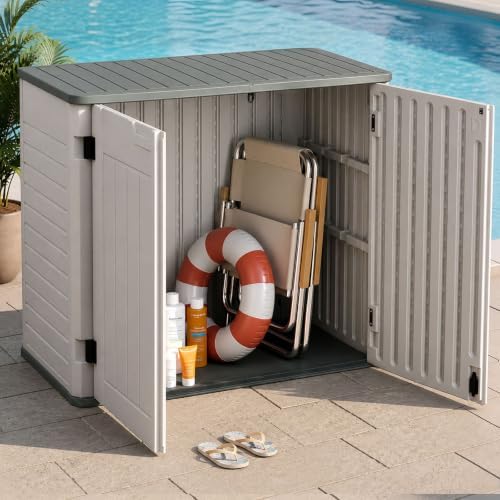 ehhly horizontal resin storage shed, 35 cuft garden, front angle view