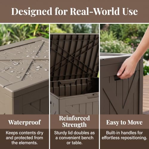 32 gallon waterproof resin storage deck box, light, side view