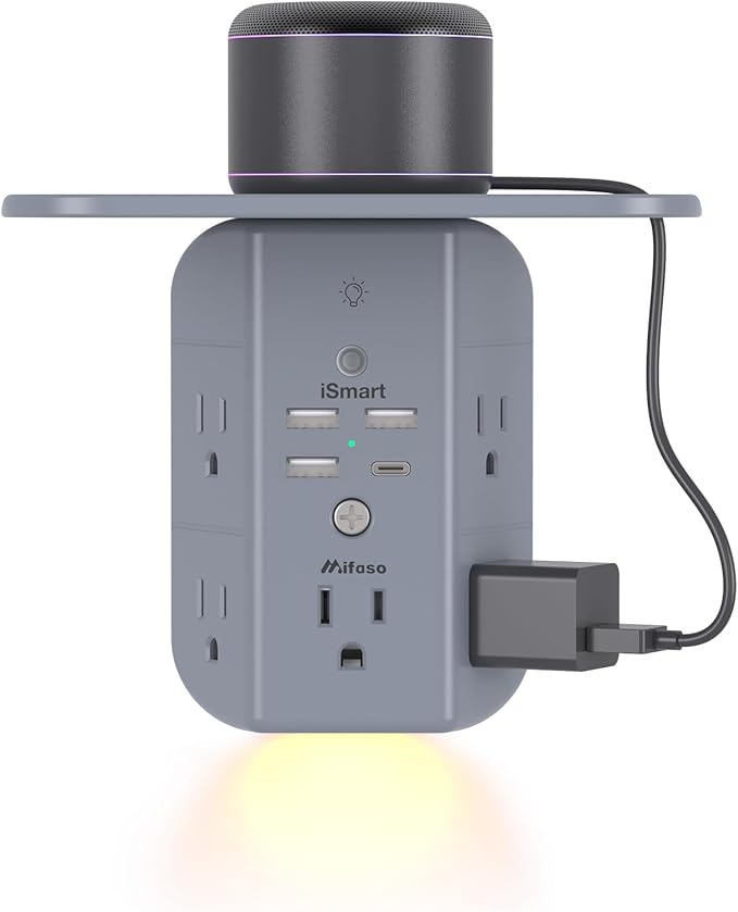 Wall Outlet Extender with Shelf and Night Light, Surge Protector, USB Wall by Mifaso