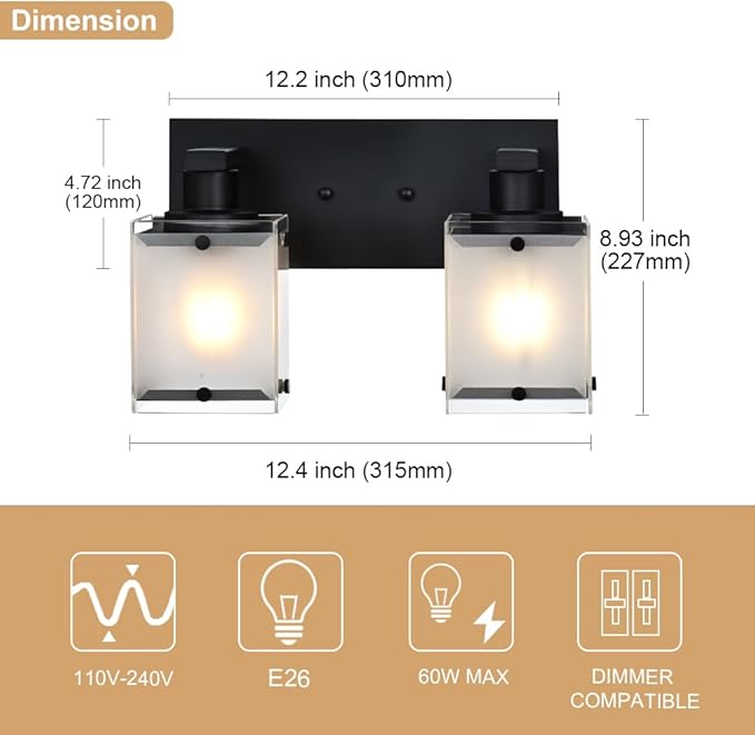 WINSHEN Black Wall Sconce Lighting, 2-Light Bathroom Vanity Light Fixture Wall - Image 4