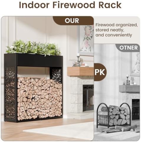 44" firewood rack outdoor with planter & reinforced, side view
