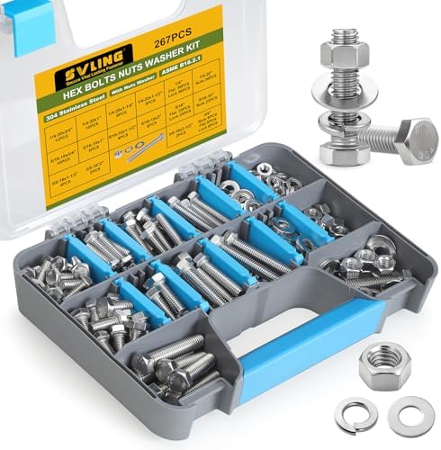 267PCS Hex Bolts and Nuts Assortment Kit,1/4-20, 5/16-18, 3/8-16 Bolt Nut and Flat Washers Assorted,304 Stainless Steel, Fully Threaded