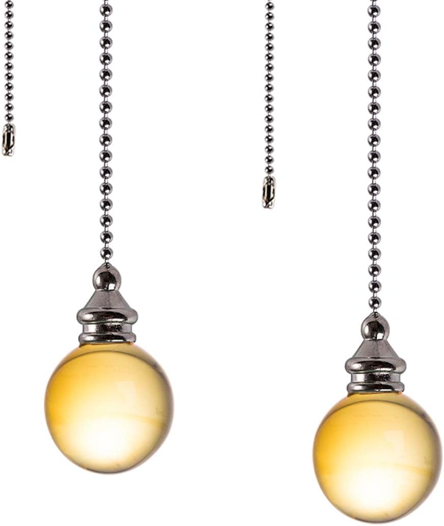 Ceiling Fan Pull Chain, 2pcs 30mm Diameter Yellow Crystal Ball Fan Pull Chain, 20 Inches Fan Pulls Set with Connector Ceiling Fan Pull Chain Ornaments Lighting Accessories