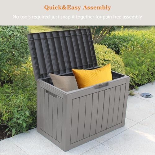 31 gallon waterproof storage deck box with lockable showing dimensions