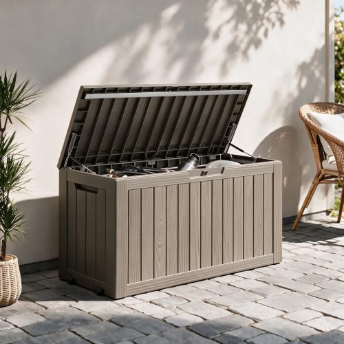 92 gal deck box,waterproof resin outdoor storage gas shown in use