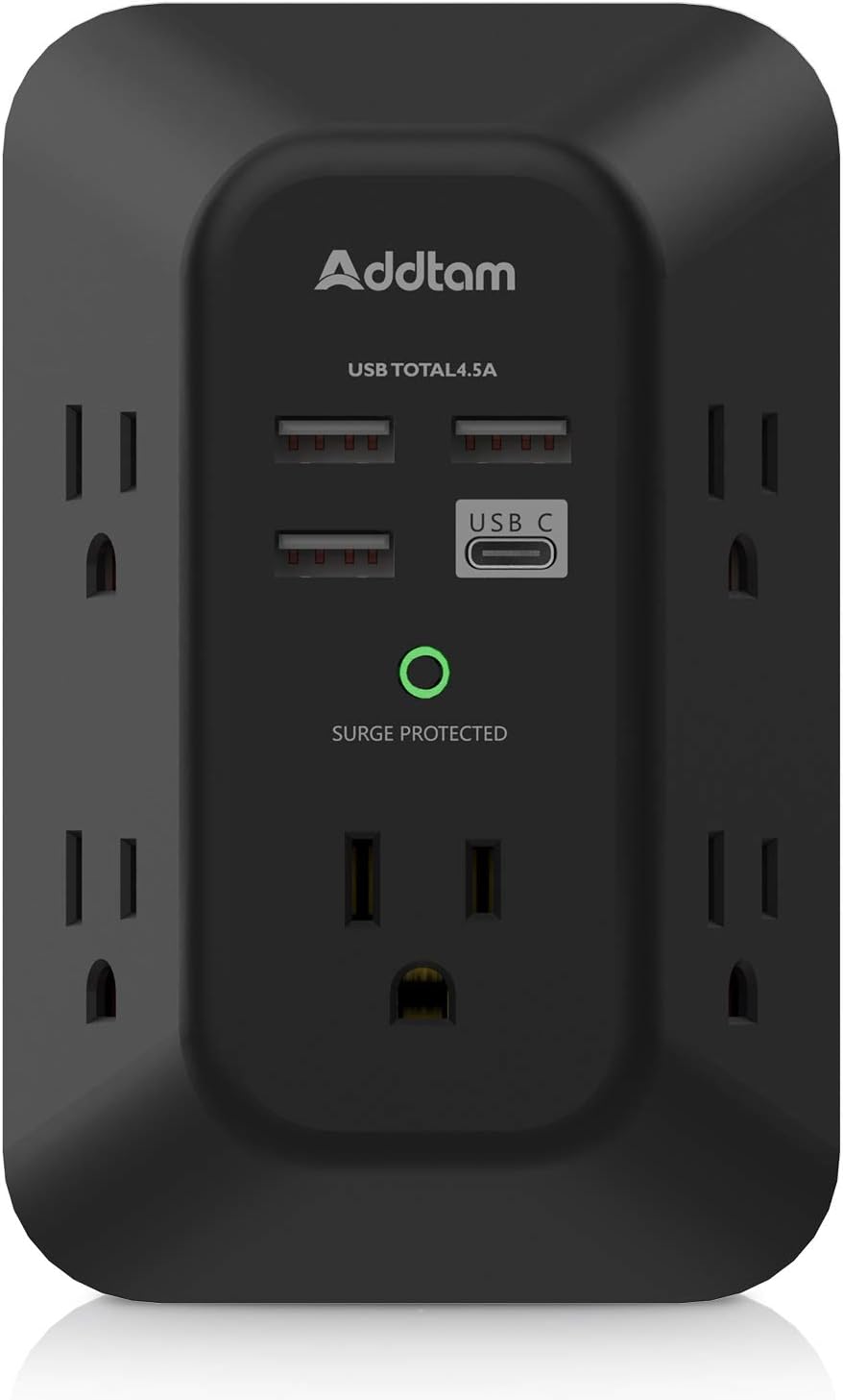 Addtam Surge Protector, Outlet Extender with 5 AC and 4 USB Ports, Black | Multi Plug Wall Outlet, Electric Outlet Splitter, 3-Sided 1800J Power Strip for Home Office Dorm, Easy to Install, Save Space