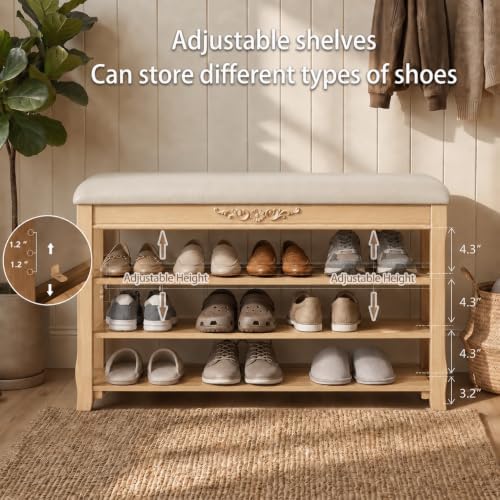 shoe rack bench entryway storage with leather cushion, close-up detail