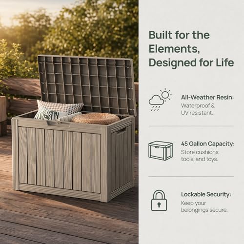 outdoor storage box resin deck box waterproof gray, close-up detail