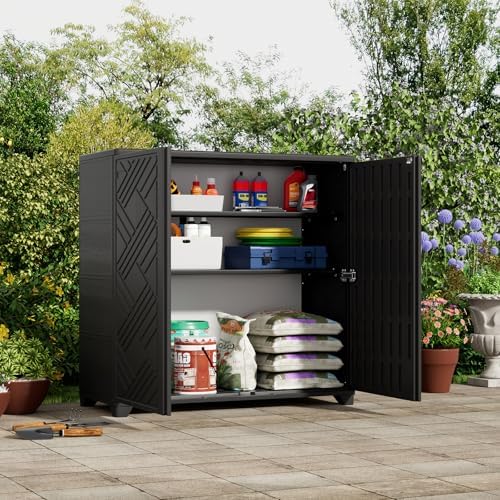 zzm indoor/outdoor storage cabinet waterproof, 34"x15"x34" plastic outdoor shown in use