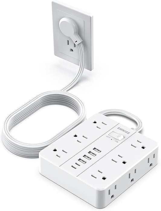Power Strip Surge Protector 10ft Extension Cord, SMNICE Flat Plug by SMNICE