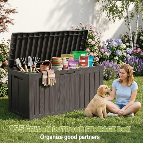 drato 155 gallon deck box waterproof outdoor storage showing dimensions