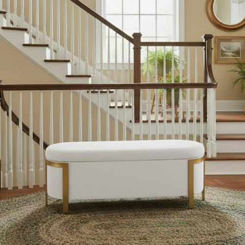 hyfirm 48" white chenille storage bench with gold, front angle view