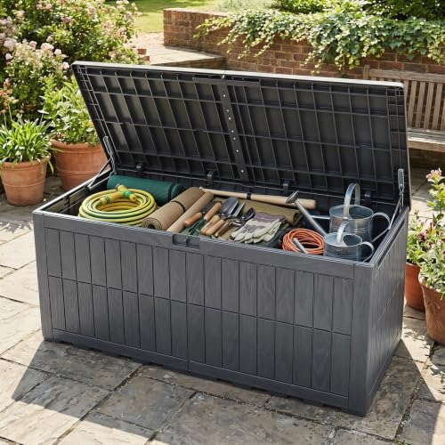 tangkula 180 gallon outdoor storage box with lockable shown in use