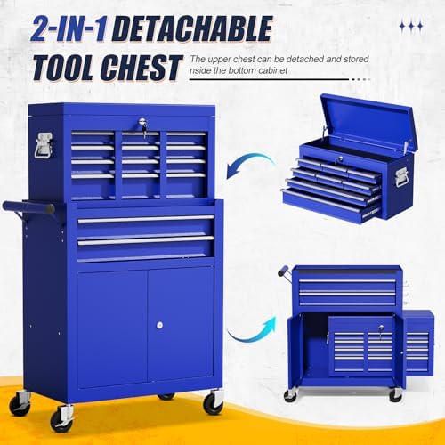 10-drawer rolling tool chest with wheels, lockable 2-in-1, side view