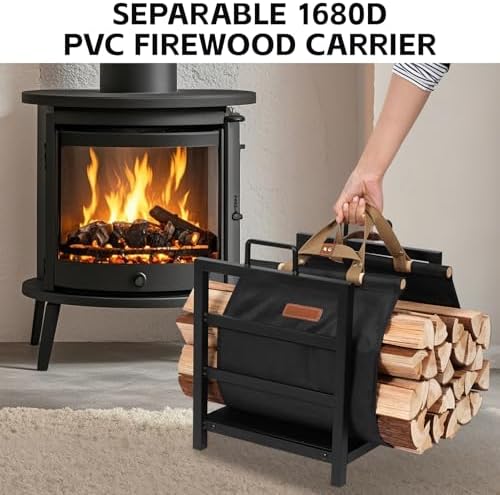firewood rack indoor outdoor with firewood carrier, fireplace, front angle view