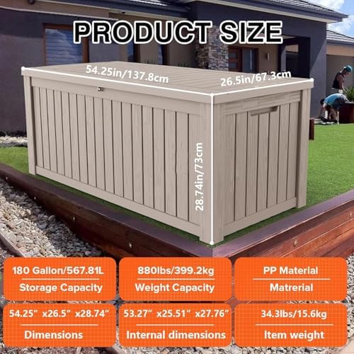 outdoor storage box waterproof, 180 gallon lockable resin on a desk or shelf