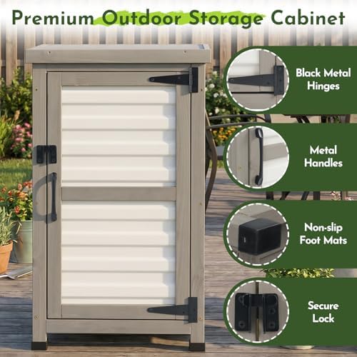 small outdoor storage cabinet with waterproof metal top showing dimensions