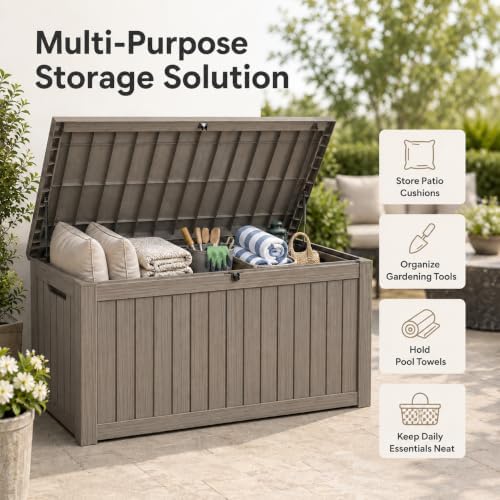 outdoor storage box resin deck box waterproof gray, close-up detail