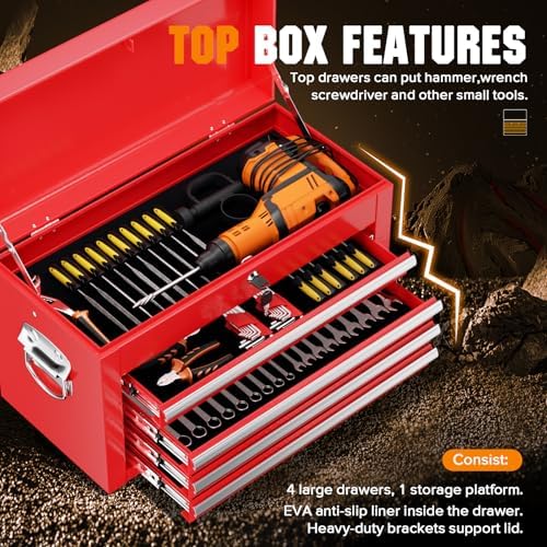 crownland 5-drawer rolling tool chest with wheels, red, side view