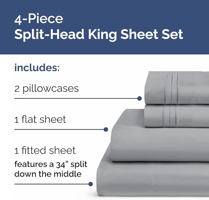Split Head King Sheet Set – 4 Piece Flex Split Top King Sheets - Image 3