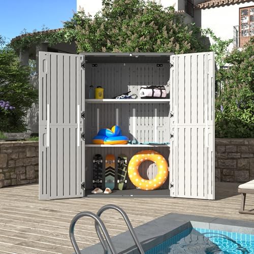 aoxun 64 cu.ft resin outdoor storage shed with, front angle view