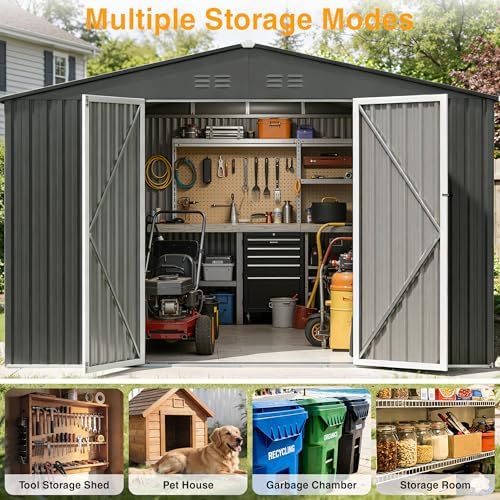 12ft dark grey outdoor storage shed, metal waterproof shown in use