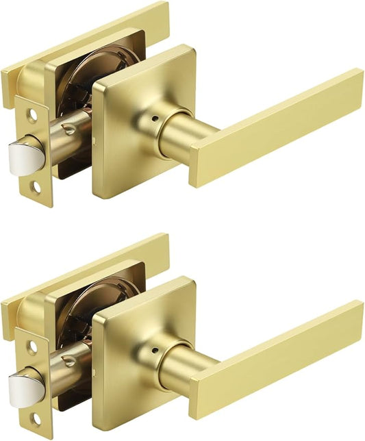 Mengico 2 Pack Passage Door Levers Gold Finish, No-Locking Keyless Square Door by Mengico
