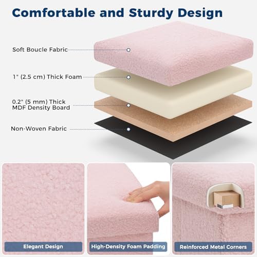 folding storage ottoman bench, 15 inch boucle small showing dimensions