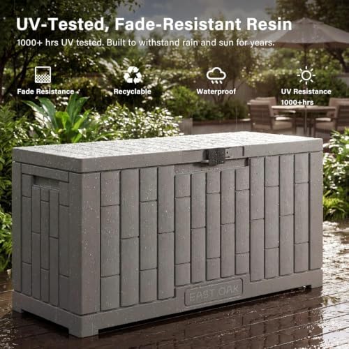 east oak outdoor storage box, 60 gallon deck, side view