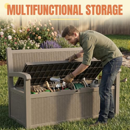 storage bench outdoor deck box, 140 gallon lockable on a desk or shelf
