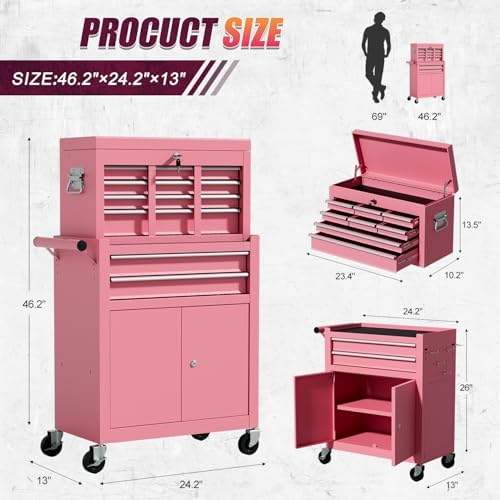 10-drawer rolling tool chest with wheels, lockable 2-in-1, close-up detail