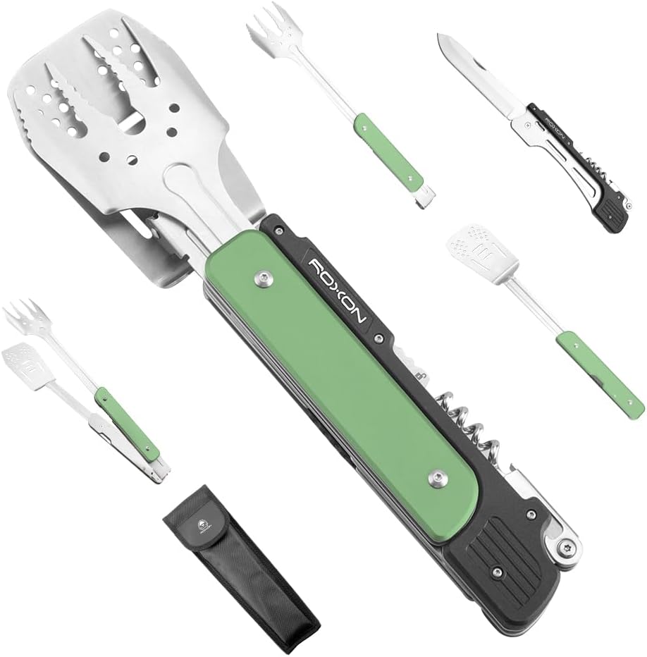 ROXON 6-in-1 Grill Tools Set, Metal Griddle Accessories Kit for Blackstone | BBQ Utensils: Tongs, Fish Spatula, Fork, Knife, Opener & Corkscrew; Stainless Steel, for Flat Top Cooking, Camping & Outdoor