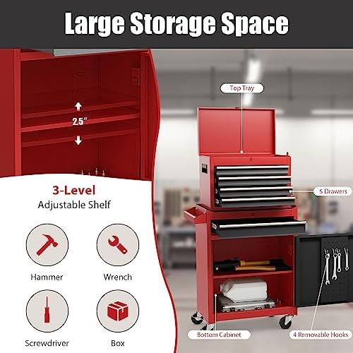 rolling tool chest, 5-drawer tool storage cabinet with showing dimensions