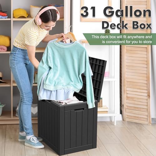 31 gallon outdoor storage box waterproof deck box shown in use