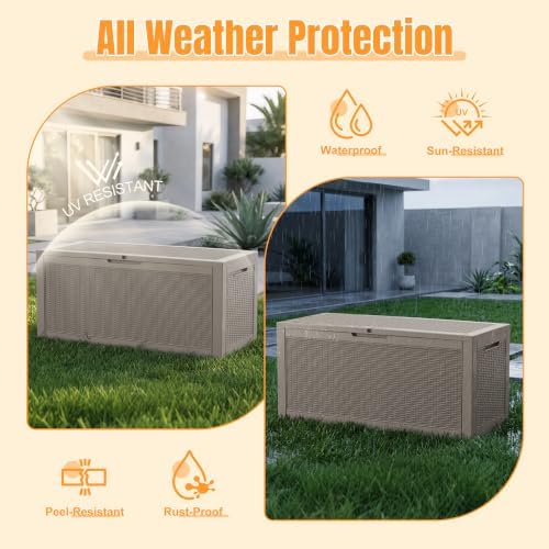outdoor storage box, 160 gallon waterproof resin deck shown in use
