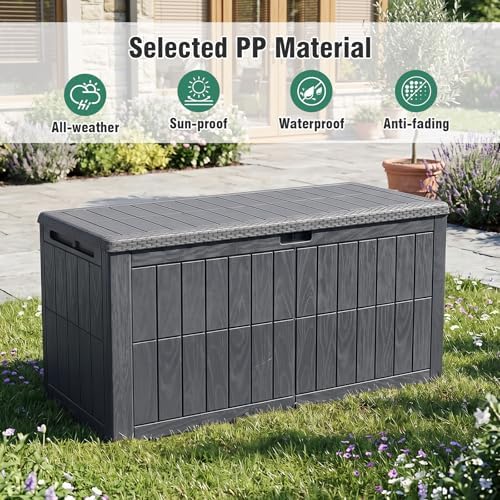 tangkula 120 gallon waterproof outdoor storage box with showing dimensions