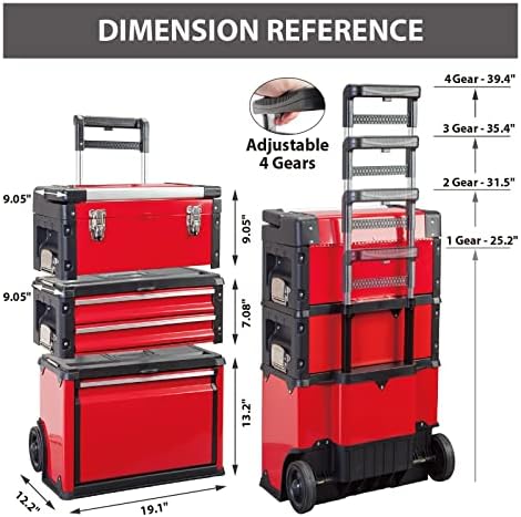 big red stackable portable metal tool box organizer shown in use