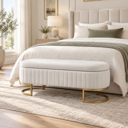 velvet storage bench for bedroom, 46" oval end on a desk or shelf