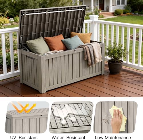 mars villa 120 gallon deck box, outdoor storage showing dimensions