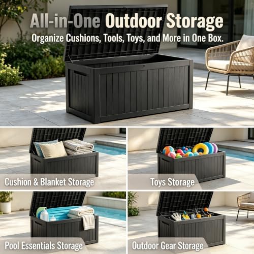 makino 198 gallon large resin outdoor storage box, close-up detail